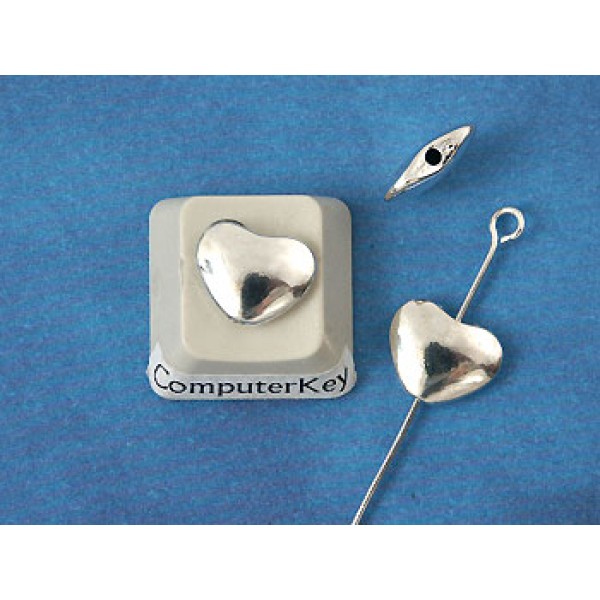 Heart Bead, smooth, silver tone, 11x9mm