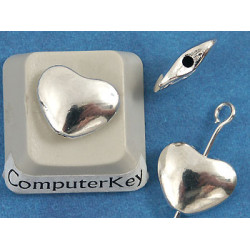 Heart Bead, smooth, silver tone, 11x9mm