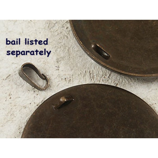SECONDS 30mm plain round bezel setting, loop on back, antiqued brass