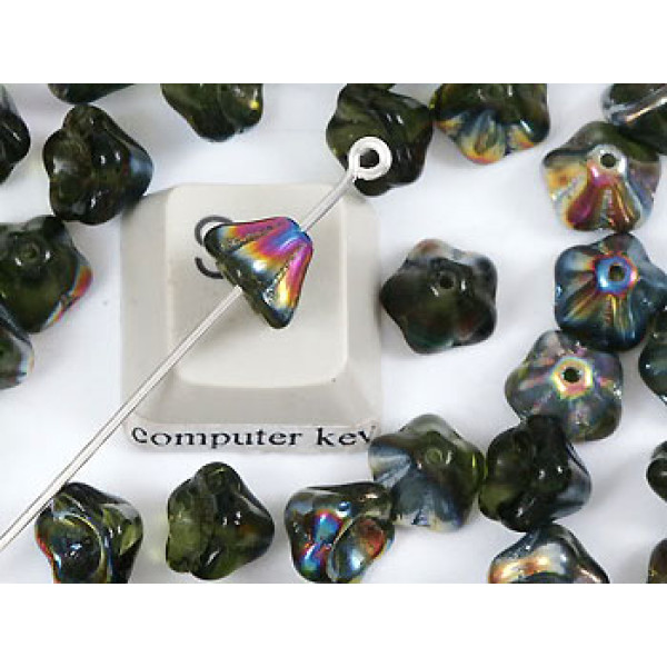 Pressed Glass Flower Cup, 6/8mm dk Olive Vitreal, strand of 50