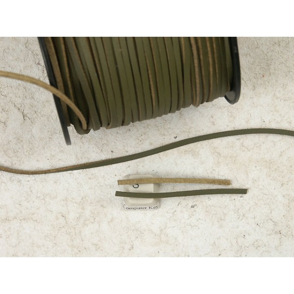 Suede Cord, Olive, 3mm wide, one side shiny, per metre
