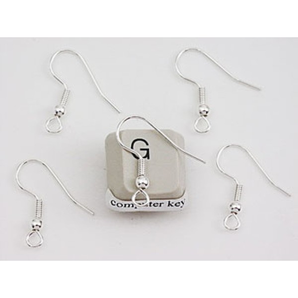 Earring hook with ball & coil, silver plate, pair