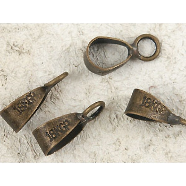 BULK PACK 100, 11x4mm Hanging bail, with sideways loop, ant. brass plate