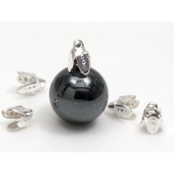 DISCOUNT: Bell cap, tiny 4 leaf, silver plate, bag of 50