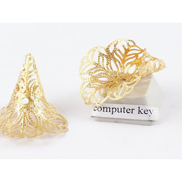 Bead Cap, 24mm, large filigree flower taper, gold plate