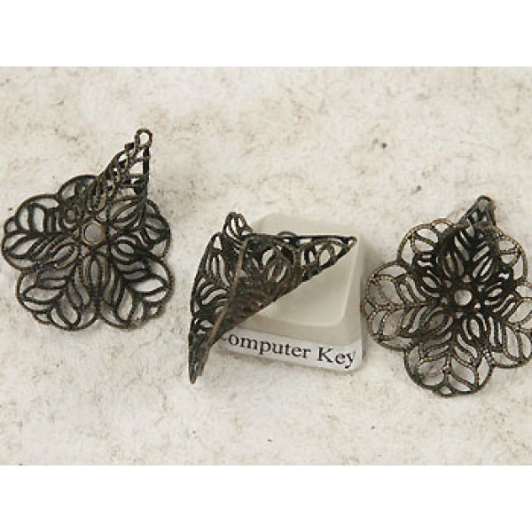 Bead Cap, 24mm, large filigree flower taper, ant. bronze