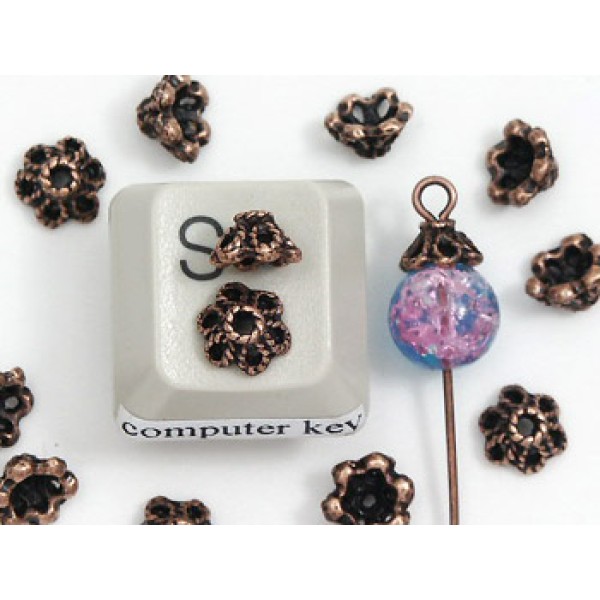 Bead Cap, 7mm, chunky cast antiqued copper flower