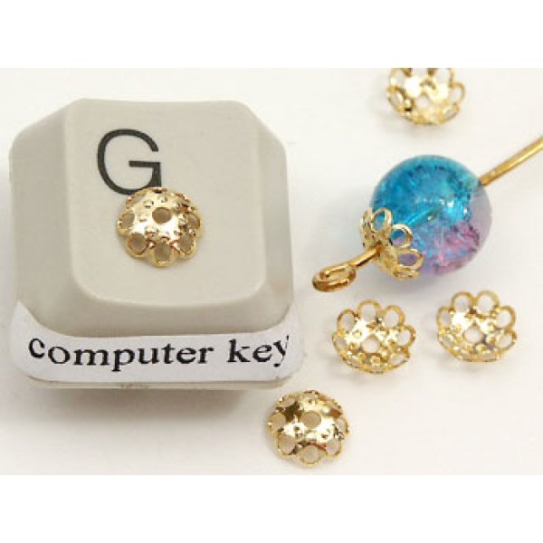 Bead Cap, 6mm, lacy, gilt plate, bag of 100