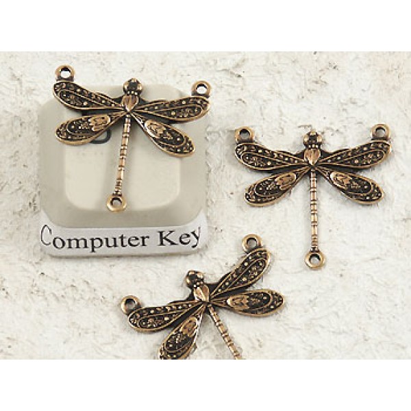 Brass Dragonfly connector, 3 loops 17x16mm, antiqued brass