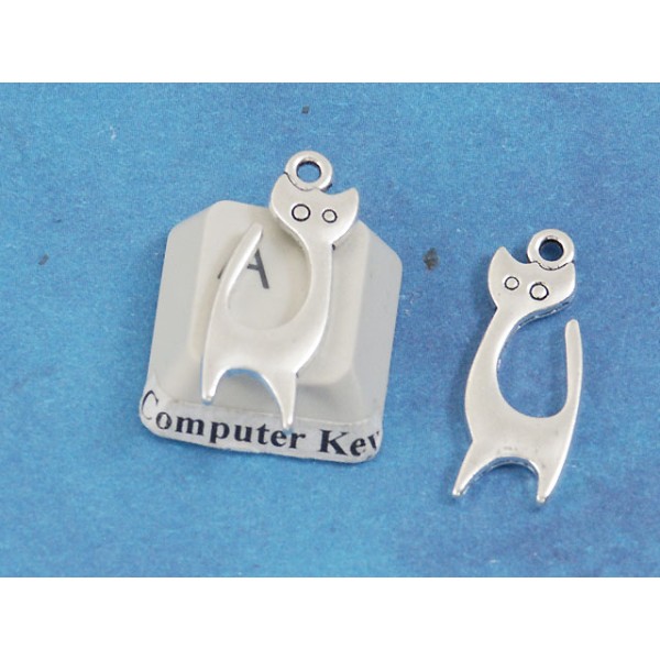 Charm, cute wee Cat, antiqued silver, 24x9mm