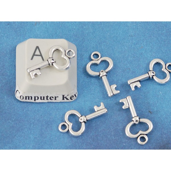 Mini Key charm, 15mm long, antiqued silver, bag of 50