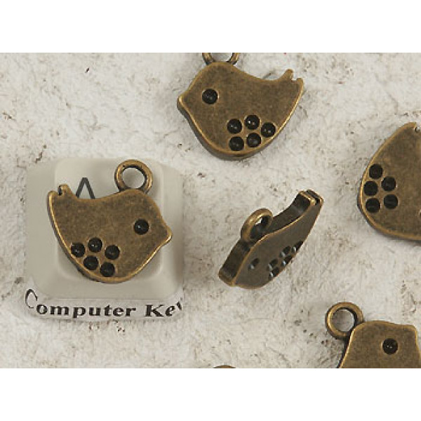 Charm, chunky Bird sparrow, antiqued bronze, 15x14mm