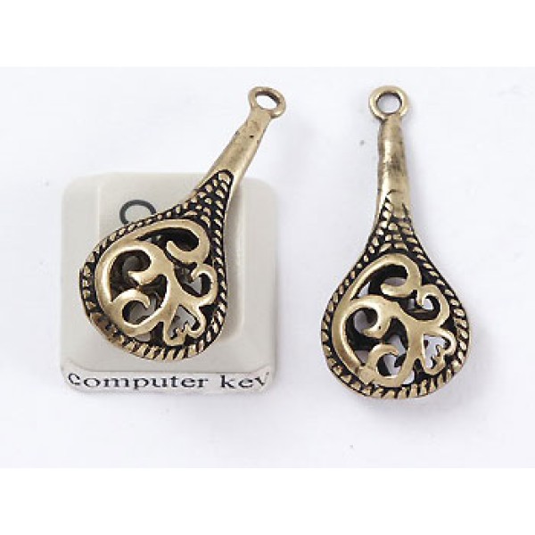 Drop pendant / charm gourd with koru spirals, NF ant brass plate