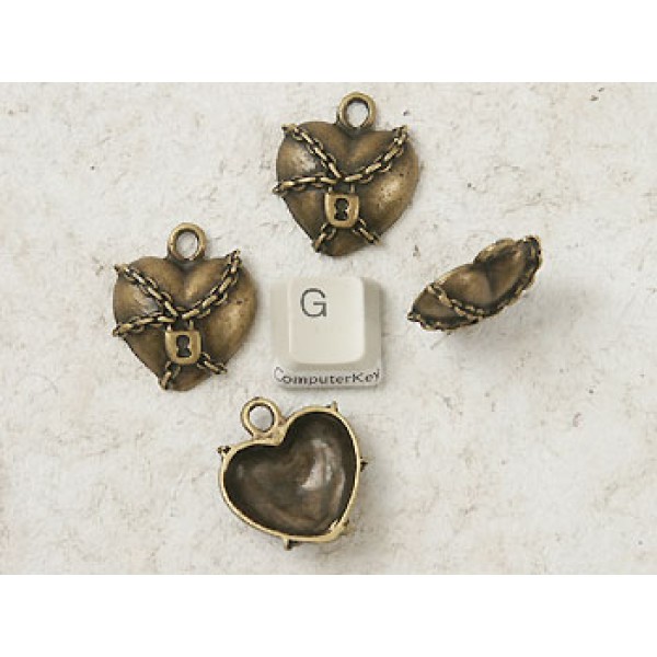 Chained Heart with keyhole pendant charm, antiqued bronze
