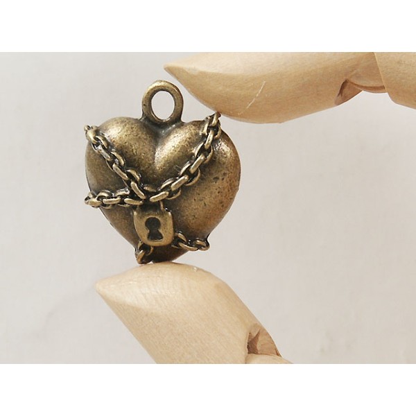 Chained Heart with keyhole pendant charm, antiqued bronze