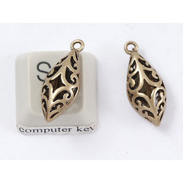 Drop pendant / charm with koru spirals, NF ant brass