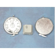 Pendant, clockface, bird, gear edge, ant silver