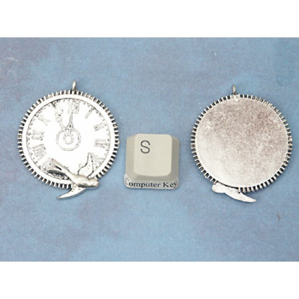 Pendant, clockface, bird, gear edge, ant silver