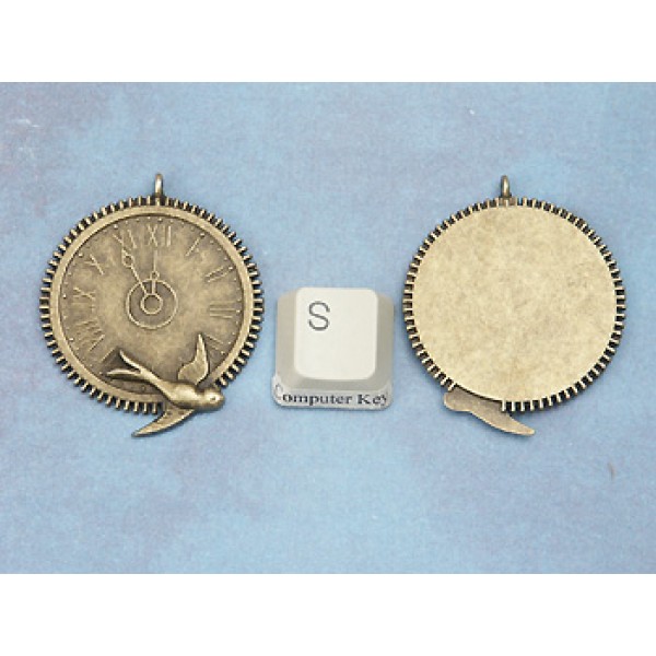 Pendant, clockface, bird, gear edge, NF ant bronze