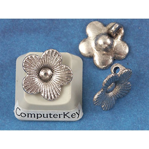 Charm, hanging flower, 13mm, NF antiqued silver