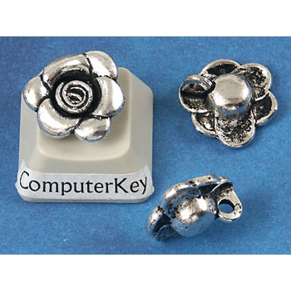 Charm, hanging flower, 14mm, antiqued silver