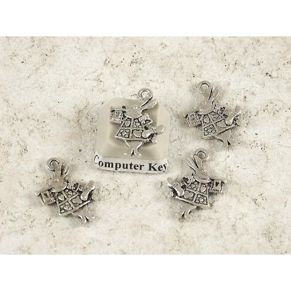 White Rabbit Herald charm, double sided, NF ant. silver, 20mm, per 5