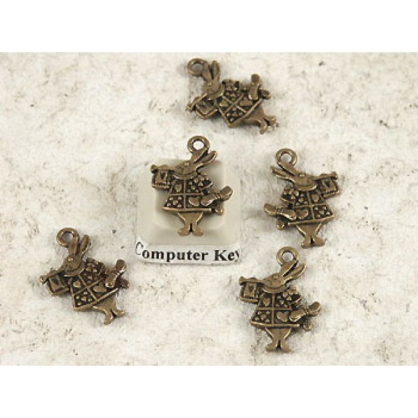 White Rabbit Herald charm, double sided, ant. bronze, 20mm, per 5