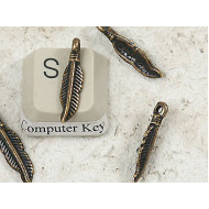 Charm, western feather, antiqued brass