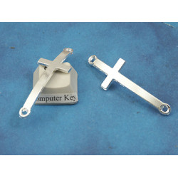 Connector, 43mm curved Cross, silver plate, 2 loops