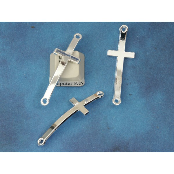 Connector, 43mm curved Cross, silver plate, 2 loops