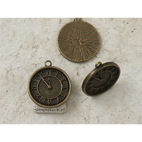 Watch clock charm, single sided, ant. bronze