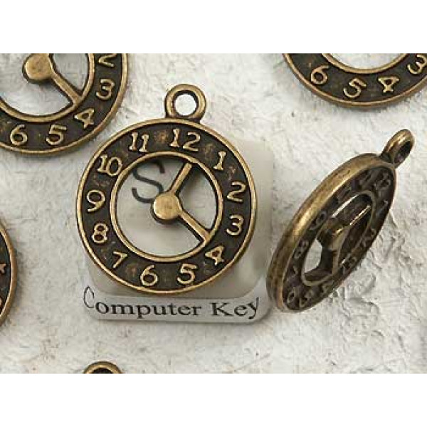 Watch clock charm, double sided, ant. bronze