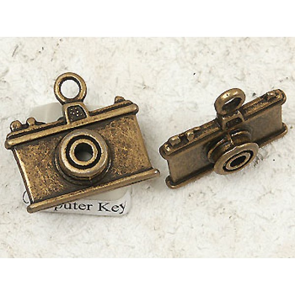 Charm, Camera, antiqued bronze, 23x21mm, per 5 charms