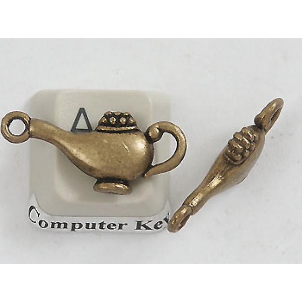 Charm / connector, Aladdins Magic Lamp, Two Loops, Ant Brass