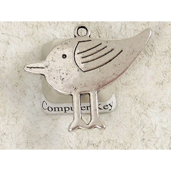 Charm, big Bird sparrow, antiqued silver, 32x27mm