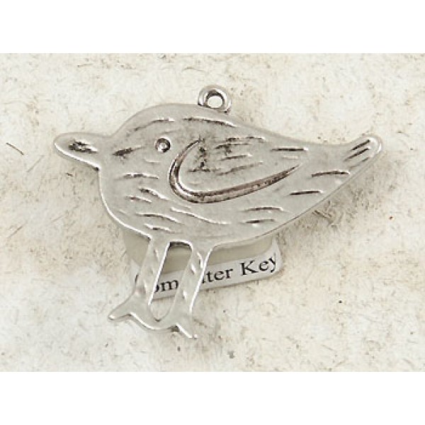 Charm, big Bird sparrow w/feathers, antiqued silver, 40x33mm