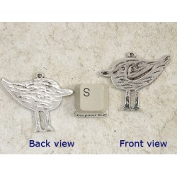 Charm, big Bird sparrow w/feathers, antiqued silver, 40x33mm