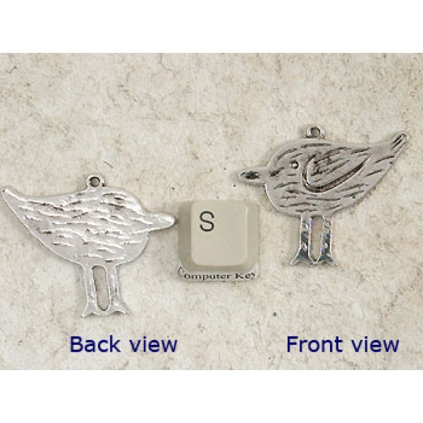 Charm, big Bird sparrow w/feathers, antiqued silver, 40x33mm