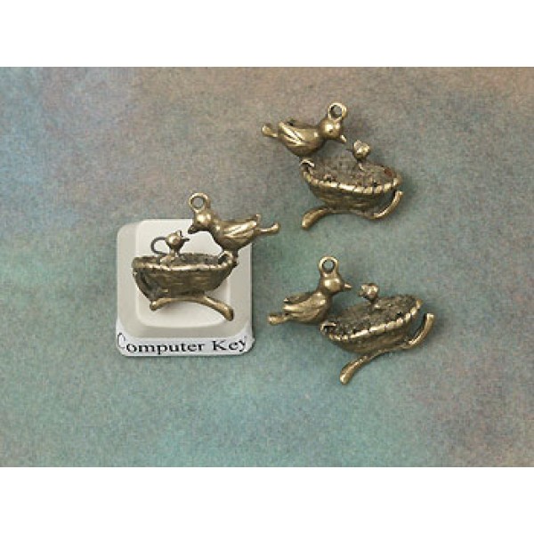 Mother Bird Feeding Her Baby Charm, antique bronze