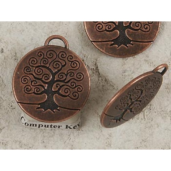 Charm / pendant, tree with curly branches, antiqued copper