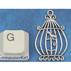 Birdcage with one bird, antiqued silver 33x20mm