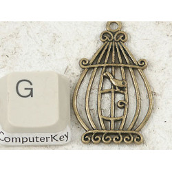 Birdcage with one bird, antiqued bronze 33x20mm