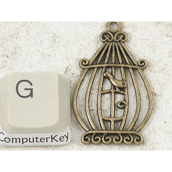 Birdcage with one bird, antiqued bronze 33x20mm