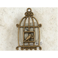 Birdcage with one bird, antiqued bronze 34x20mm