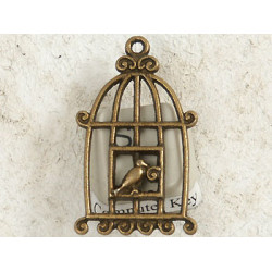 Birdcage with one bird, antiqued bronze 34x20mm