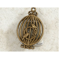 Birdcage with two birds, antiqued bronze 34x21mm