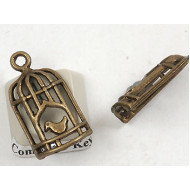 Charm pendant, bird n cage, antiqued brass