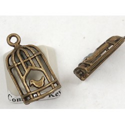 Charm pendant, bird n cage, antiqued brass