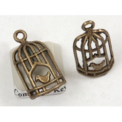 Charm pendant, bird n cage, antiqued brass