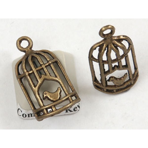 Charm pendant, bird n cage, antiqued brass